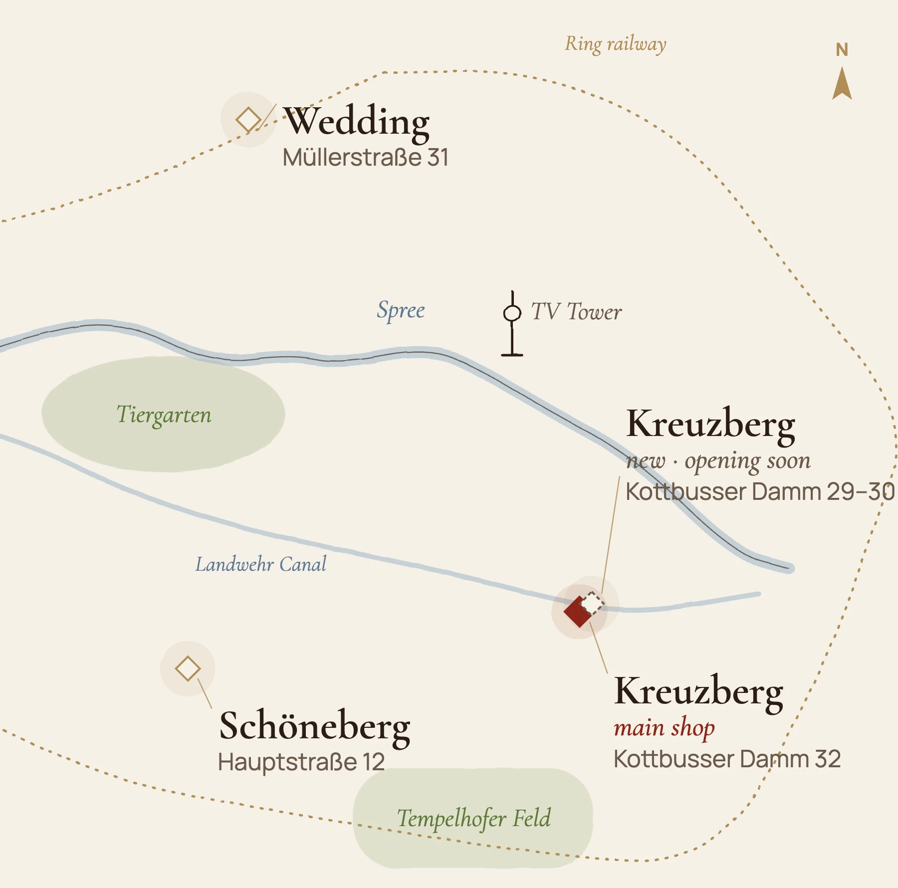 Map of Berlin with our four shops: Kreuzberg (main shop and new shop), Wedding and Sch&ouml;neberg